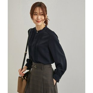 日单圆领风琴褶长袖雪纺衬衫女L87533优雅新职风夏秋休闲通勤上衣