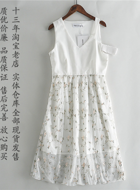 碎花网纱连衣裙女4.16L68774v领高腰修身无袖绣花仙气减龄a字裙子