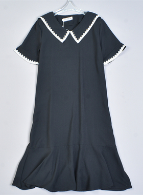 韩版刺绣花边海军领连衣裙4.29L82338减龄学院风显瘦直筒鱼尾长裙