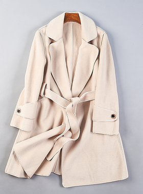 品质高支双面绒羊毛呢大衣女9.17H80147经典纯色系带中长风衣外套