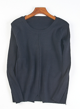 韩版黑色圆领长袖针织衫女4.22H82481春秋冬弹力修身拼接休闲毛衣