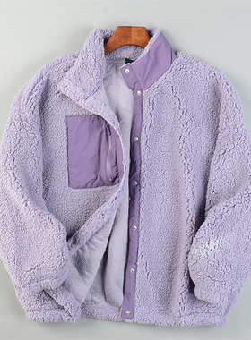 韩版宽松慵懒风仿羊羔绒棉衣女L84587拉链立领拼接款冬季毛毛外套