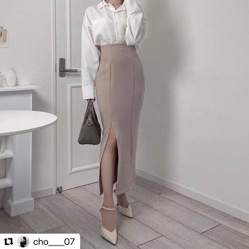 春秋松紧腰开叉一步裙中长包臀裙