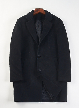 精品男士黑色羊毛大衣H85534秋冬中长款加棉加厚经典百搭羊毛外套