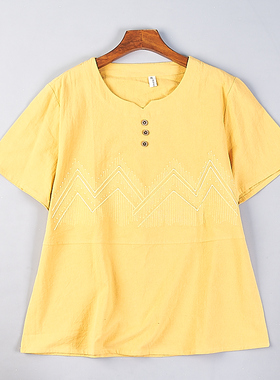 复古文艺纯棉刺绣T恤女511H78783春夏舒适大码妈妈装绣花短袖上衣