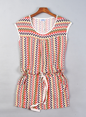 复古圆领无袖连衣裙女7.23H79771宽松显瘦印花系带收腰中短裙子夏