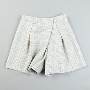 精品日单外穿毛呢格纹阔腿短裤女84537显瘦高腰A字裙裤秋冬休闲裤