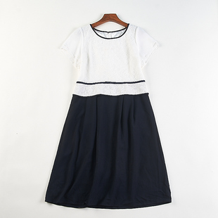 中长裙 圆领拼色OL通勤正装 日单蕾丝拼接短袖 连衣裙女H84531夏秋季