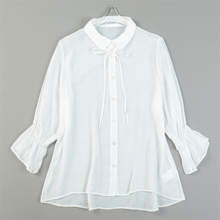 日单精品绵绸质七分喇叭袖衬衫女L84539夏秋透气亲肤气质白色上衣