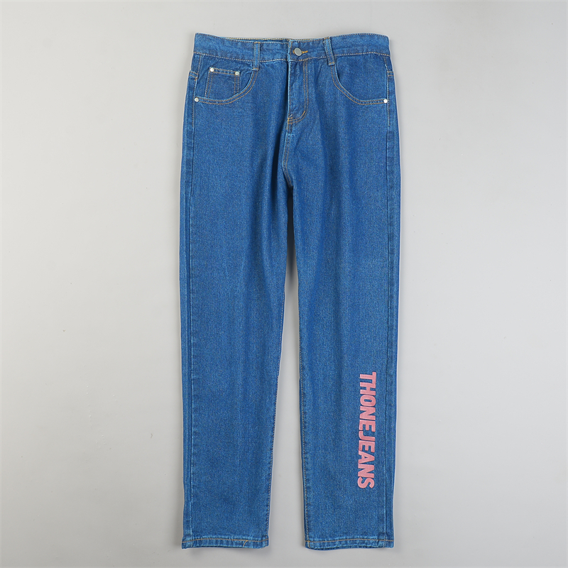 精品韩版直筒水洗牛仔裤男女L84881秋冬新款时尚印花百搭休闲长裤