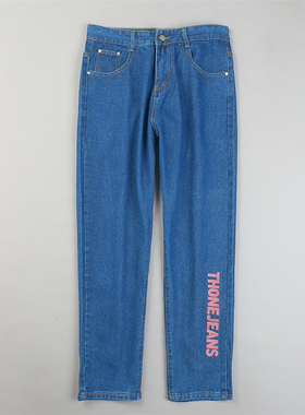 精品韩版直筒水洗牛仔裤男女L84881秋冬新款时尚印花百搭休闲长裤