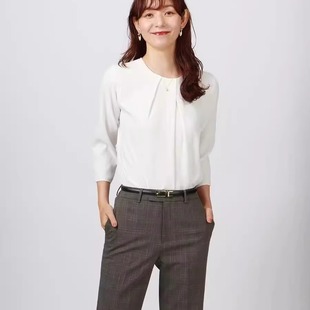 日单圆领褶裥纯色雪纺七分袖 H84512夏秋宽松套头通勤百搭上衣 衬衫