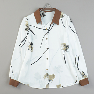 精品雪纺印花长袖衬衫女大码L84498柔美知性风夏秋季百搭休闲上衣