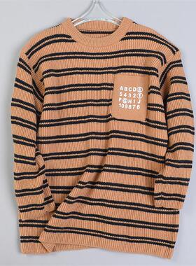 516宽松大码慵懒风字母条纹针织衫女80476微胖MM显瘦套头长袖毛衣