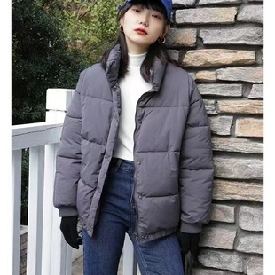 67日系宽松立领面包服棉衣男女77323冬季 短外套 拉链纯色格纹长袖