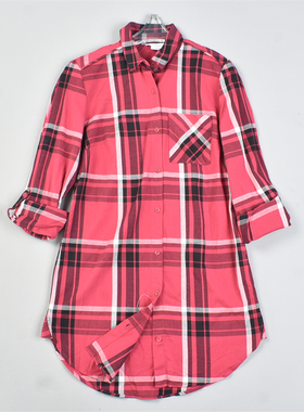 外贸纯棉中长款格子衬衫女5.27L82040经典学院风春夏大码显瘦上衣