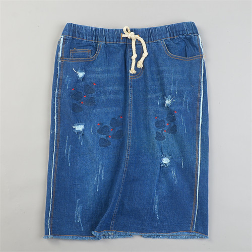 外贸全棉刺绣破洞牛仔半身裙女84765夏秋大码松紧腰胖mm一步中裙