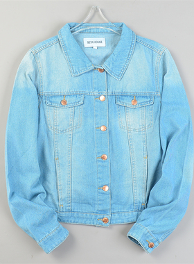 精品外贸大码水洗磨白牛仔短外套女L84906复古工装春秋季夹克上装