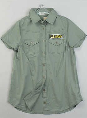 日单全棉军绿工装短袖衬衫女L84609夏秋舒适直筒百搭休闲宽松上衣