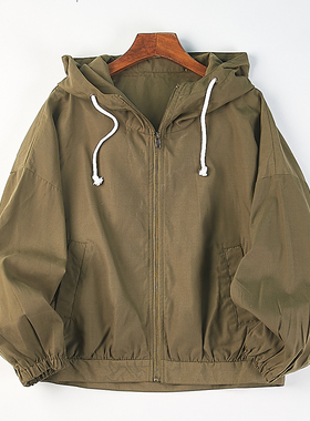 日单宽松连帽抽绳短外套女H84700春秋新款落肩袖减龄拉链开衫夹克