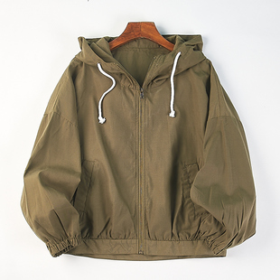 日单宽松连帽抽绳短外套女H84700春秋新款落肩袖减龄拉链开衫夹克
