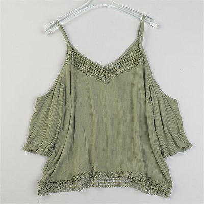 出口美国吊带露肩七分袖T恤女84806夏秋季镂空刺绣肌理纹小衫上衣