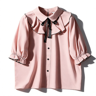 休闲上衣 夏季 日单甜美系带娃娃领衬衫 女3.10L85876粉色荷叶七分袖