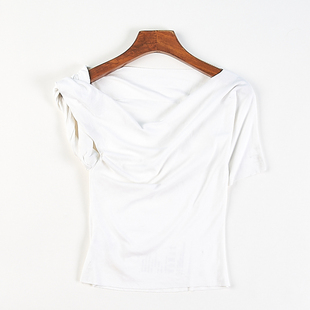 法式荡领不对称设计短袖T恤女83440夏季新款捏褶温柔气质修身上衣