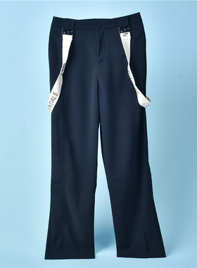 117韩版背带直筒裤女69015时尚气质百搭高腰显瘦裤脚开叉休闲长裤