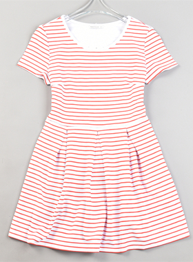 潮牌学生范条纹连衣裙女L83765圆领高腰夏季新款修身短袖A字短裙