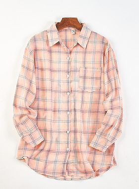 品质纯棉宽松格子长袖衬衫男女H84727后背卡通印花薄款开衫外套潮