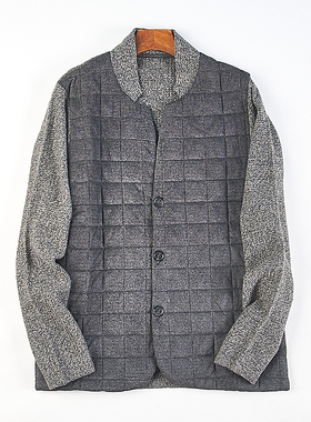 出口韩国拼接针织外套男41H82148春秋复古立领单排扣直筒长袖夹克