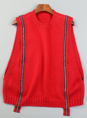 精品条边针织背心马甲女L85339春秋冬套头叠穿无袖款红色毛衣上装