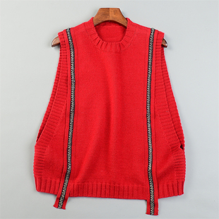 精品条边针织背心马甲女L85339春秋冬套头叠穿无袖款红色毛衣上装