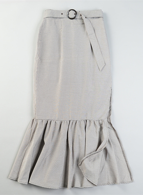 日单千鸟格腰带鱼尾半身裙女L85837春夏复古优雅风高腰包臀长裙子