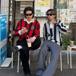 日单美式复古风粗条纹POLO衫T恤潮男86376春夏宽松运动风徽章上衣