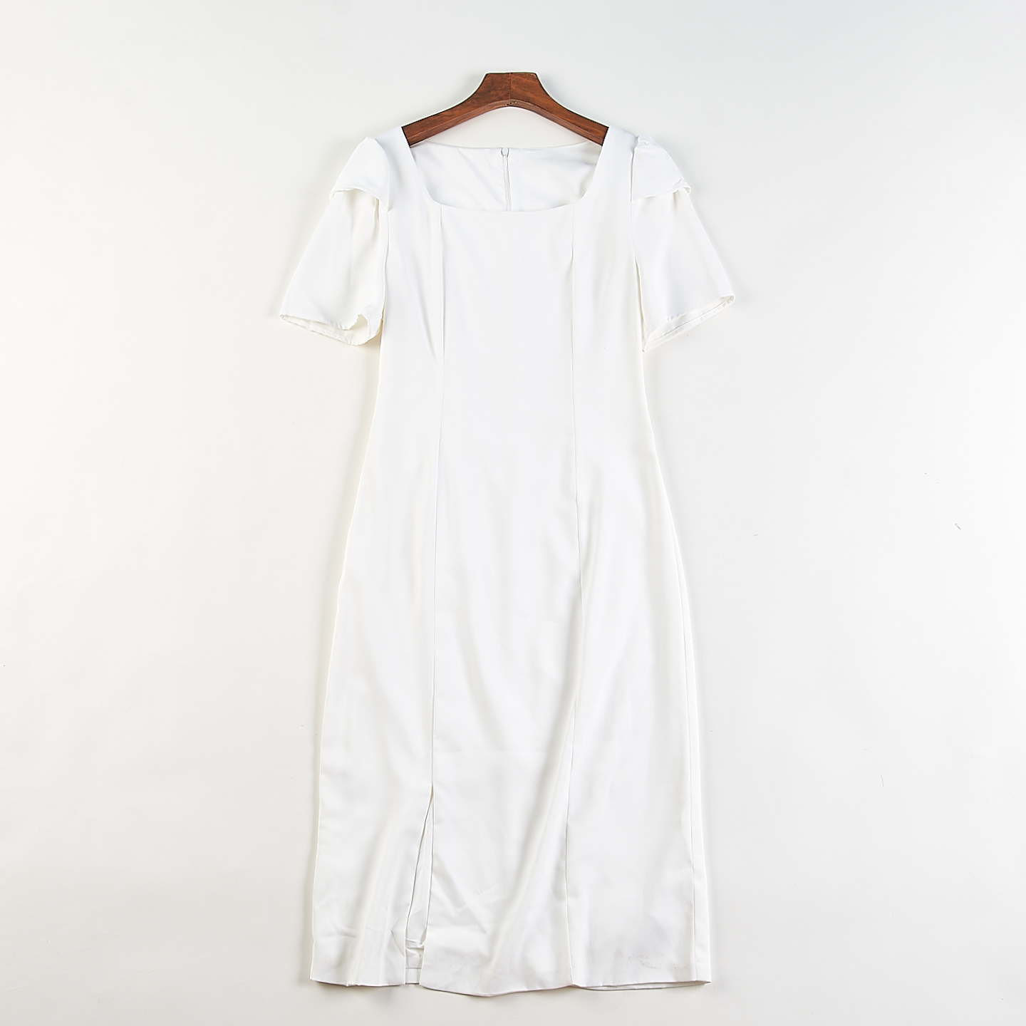 韩版白色方领短袖连衣裙女H84941夏季修身显瘦包臀OL通勤优雅长裙