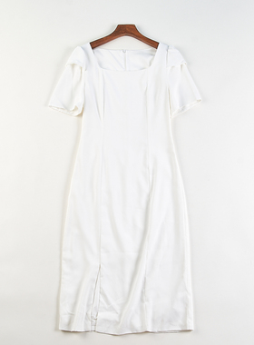 韩版白色方领短袖连衣裙女H84941夏季修身显瘦包臀OL通勤优雅长裙