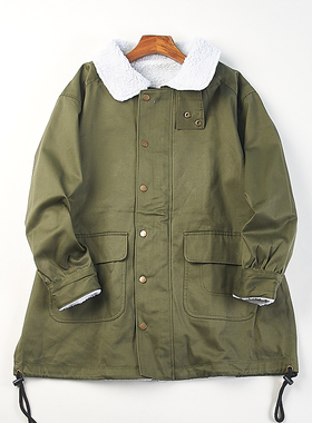 日单复古工装风军绿色派克服女H84395秋冬宽松中长款翻领棉服夹克