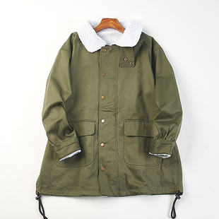 日单复古工装 翻领棉服夹克 风军绿色派克服女H84395秋冬宽松中长款