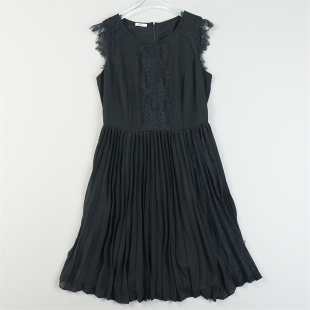 原单高货蕾丝花边雪纺连衣裙女83875夏秋高腰显瘦百褶无袖 A字中裙