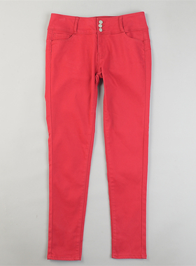 精品外贸红色弹力紧身裤女L84899经典中高腰秋季显瘦小脚休闲长裤