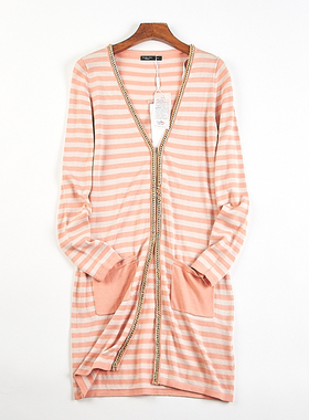 韩版条纹中长款开衫女H83697春秋季垂顺柔软修身显瘦针织长袖外套