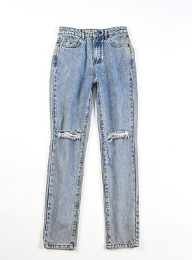 外贸美式复古做旧破洞牛仔裤女H83417夏秋季中腰显瘦直筒拖地长裤