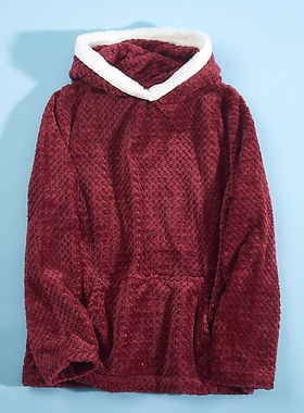 宽松家居服男女115H 71866秋冬珊瑚绒暖暖衣加厚纯色连帽套头上衣