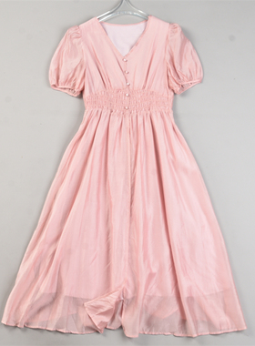 韩版甜美粉色系高腰连衣裙83759夏季短袖初恋风收腰大摆A字长裙子