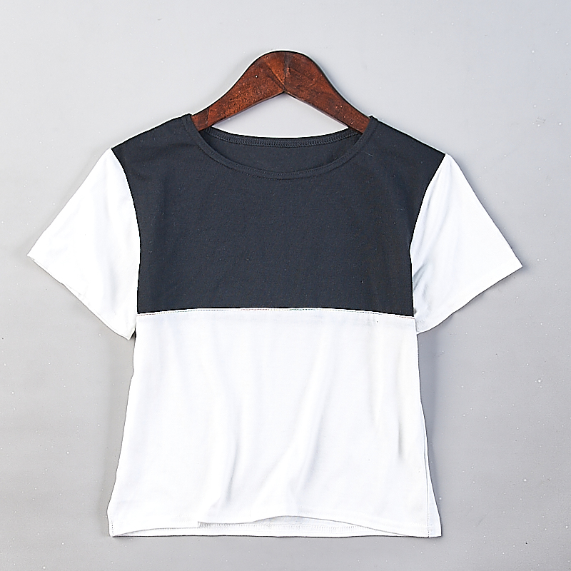 夏季新款圆领套头拼接短袖上衣