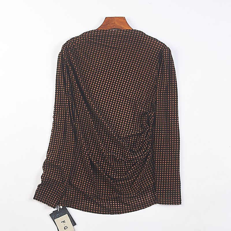 春秋圆领不对称褶皱复古休闲上衣