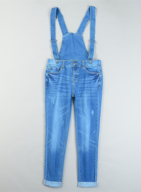 外贸精品背带牛仔裤女11.25L85073百搭叠穿四季翻边脚休闲九分裤