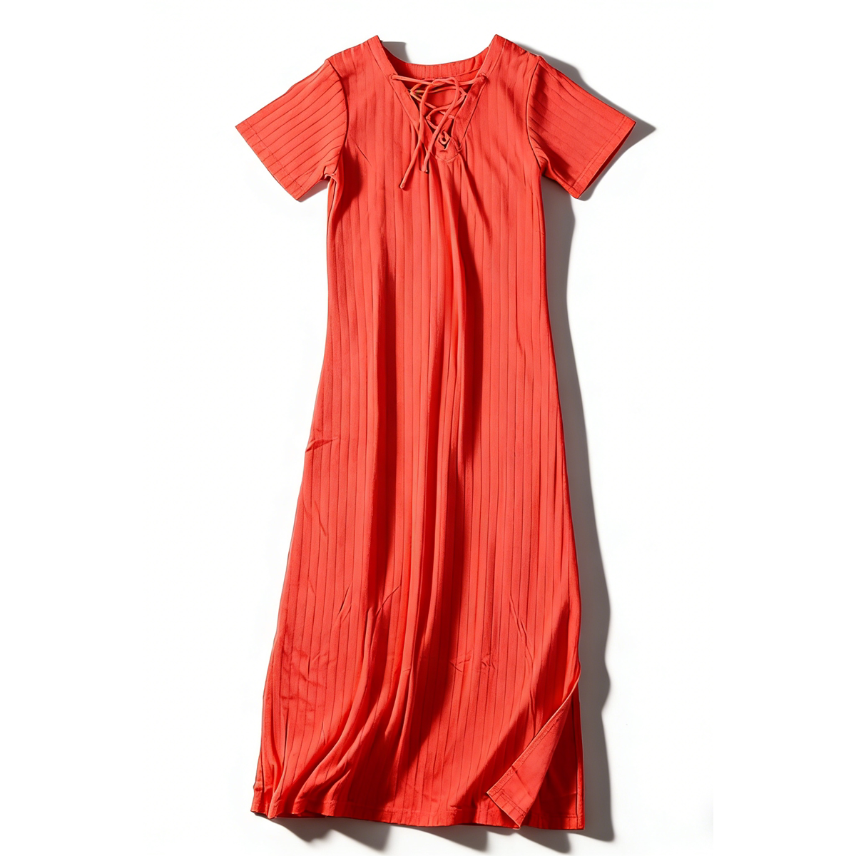 日单红色竖条纹短袖连衣裙85952绑带V领修身有型夏季休闲开叉长裙